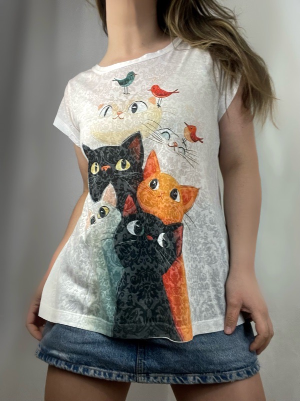 Polera Blanca Algodon Gatos Brasil
