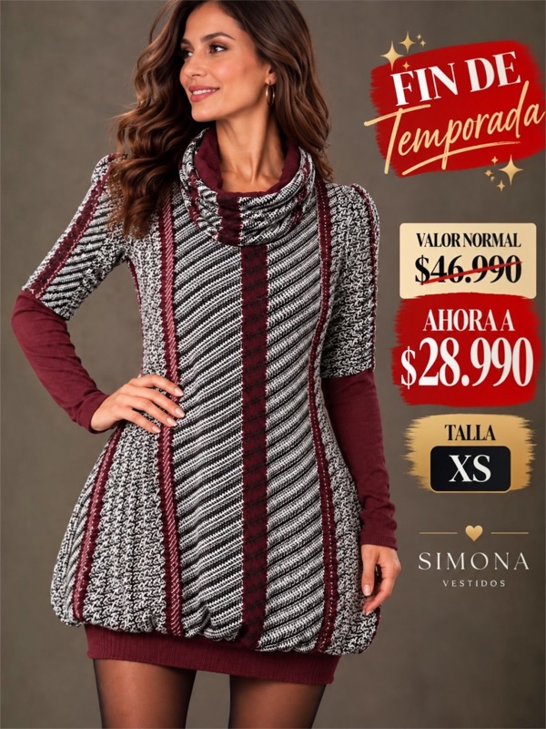 Vestido Lana Elasticada Con Detalles Burdeos