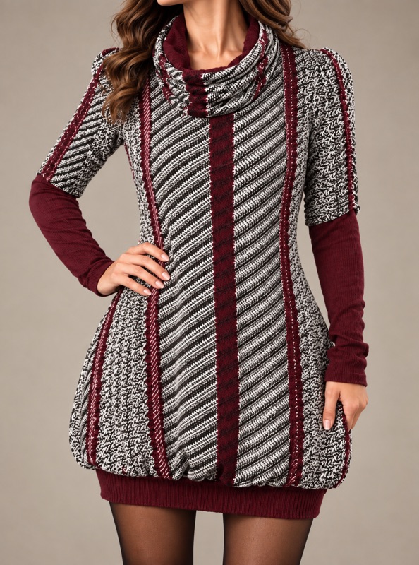 Vestido Lana Elasticada Con Detalles Burdeos